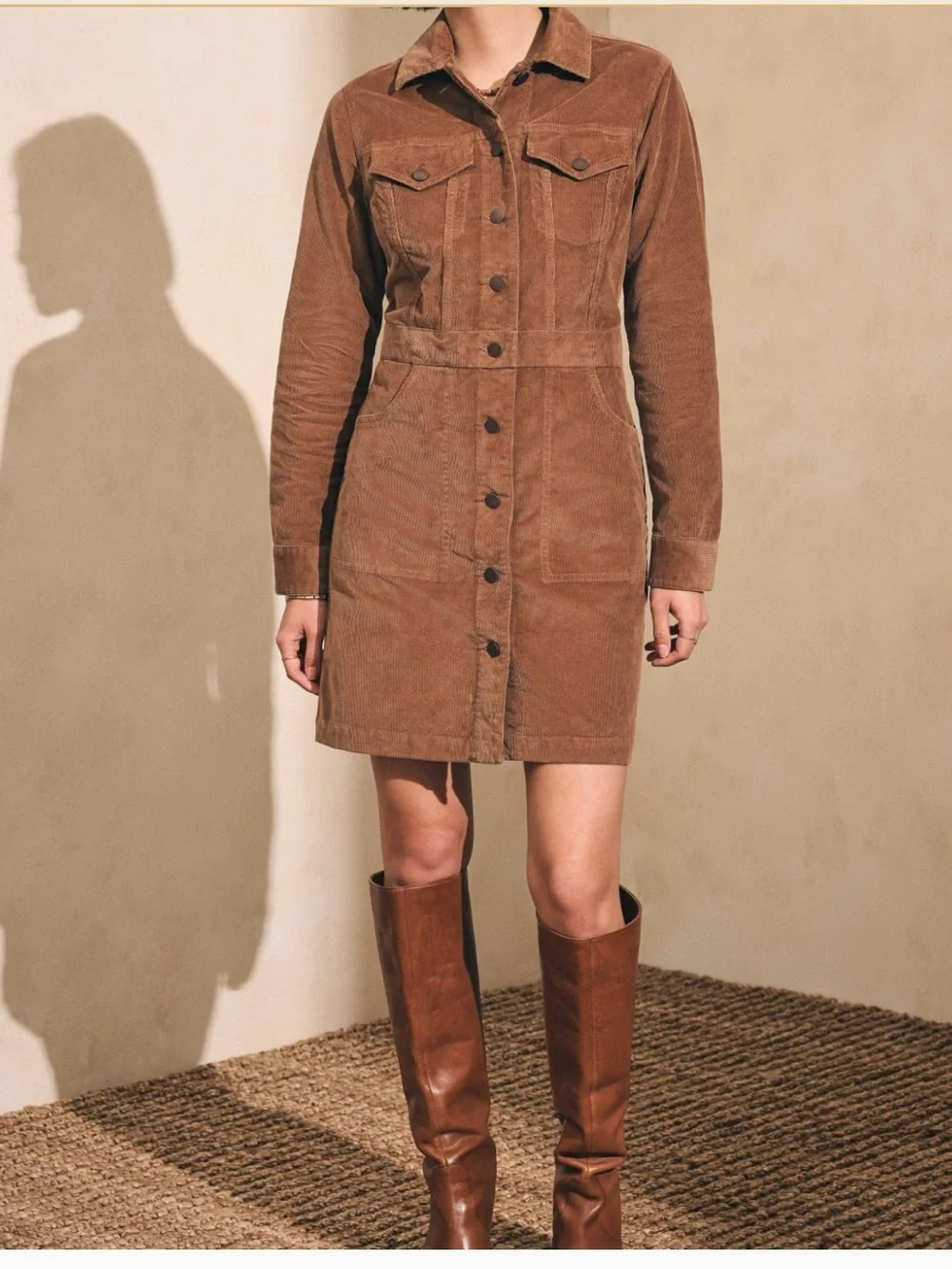 NWT! Faherty Michelle Stretch Brown Corduroy‎ Button Up Shirt Dress Preppy Sz. 8